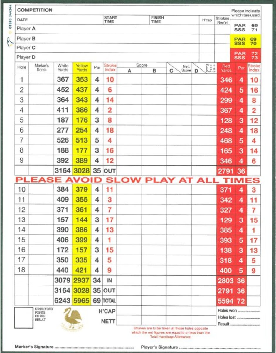 Scorecard and Local Rules Gerrards Cross scorecard